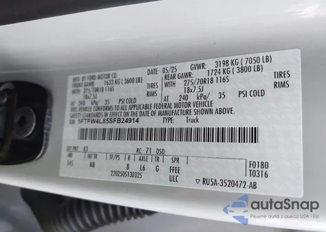 2025 Ford F-150 Tremor z USA, uszkodzony, nr VIN 1FTFW4L85SFB24914